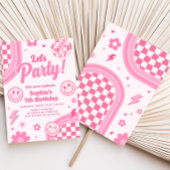Pink Retro Groovy Birthday Party Kaart