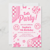 Pink Retro Groovy Birthday Party Kaart (Voorkant)