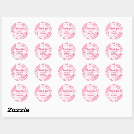 Pink Retro Groovy Birthday Party Ronde Sticker (Vel)