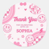 Pink Retro Groovy Birthday Party Ronde Sticker (Voorkant)
