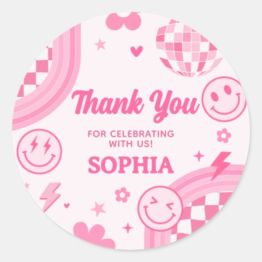 Pink Retro Groovy Birthday Party Ronde Sticker (Voorkant)
