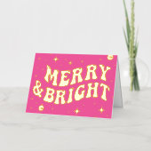 Pink Retro Groovy Merry & Bright Christmas Folie Feestdagenkaart (Voorkant)