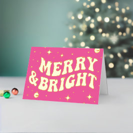 Pink Retro Groovy Merry & Bright Christmas Folie Feestdagenkaart