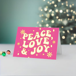 Pink Retro Groovy Peace Love Joy Christmas Folie Feestdagenkaart