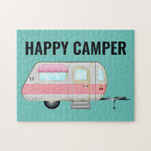 PINK RETRO HAPPY CAMPER JIGSAW PUZZLE LEGPUZZEL