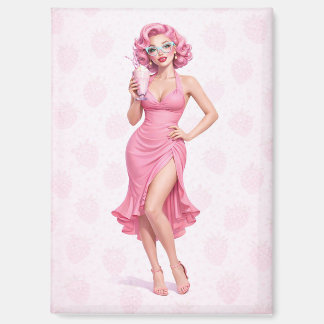 Pink Retro Milkshake Pin-Up Girl Strawberry Magnet