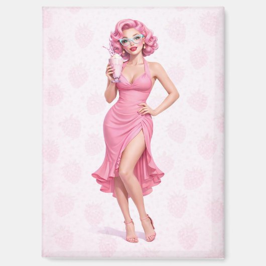 Pink Retro Milkshake Pin-Up Girl Strawberry Magnet (Voorkant)
