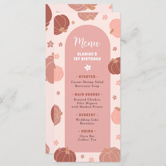 Pink Retro Pumpkin Boho First Birthday Menu (Voorkant / Achterkant)