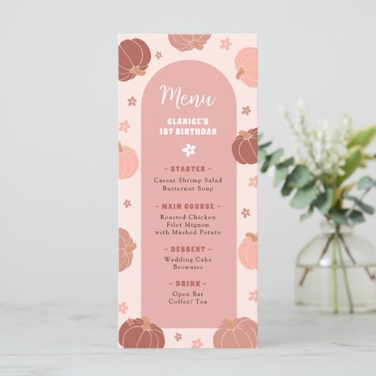 Pink Retro Pumpkin Boho First Birthday Menu (Staand voorkant)