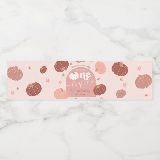 Pink Retro Pumpkin First Birthday Bottle Label Waterfles Etiket (Enkel label)