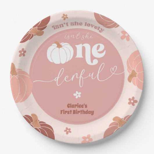 Pink Retro Pumpkin First Birthday Paper Plate Papieren Bordje (Voorkant)