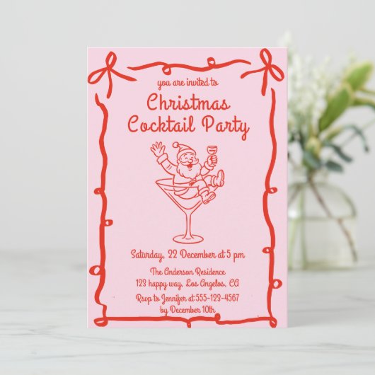Pink Retro Santa Christmas Cocktail Party Kaart (Staand voorkant)