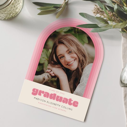 Pink Retro Striped Arch Graduation Announcement Kaart