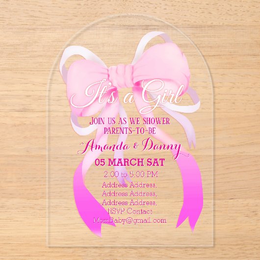 Pink Ribbon Baby shower Arch Acryl Uitnodigingen (Voorkant)
