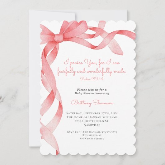 Pink Ribbon Bible Verse Baby shower Invitation Kaart (Voorkant)