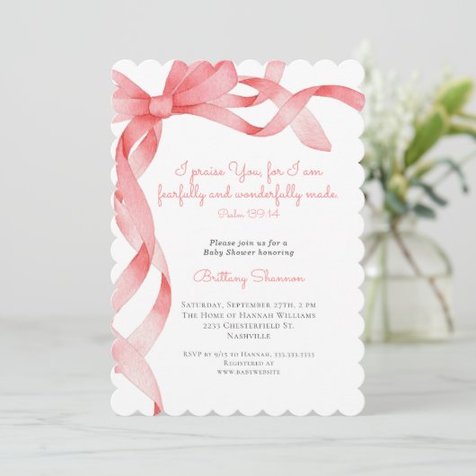 Pink Ribbon Bible Verse Baby shower Invitation Kaart (Staand voorkant)