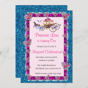Pink Ribbon Blue Glitter Royal Princess Birthday Kaart