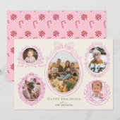 Pink Ribbon & Botanical Frames 5 Photo Feestdagenkaart (Voorkant / Achterkant)