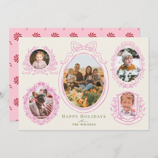 Pink Ribbon & Botanical Frames 5 Photo Feestdagenkaart (Voorkant / Achterkant)