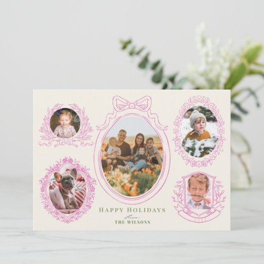 Pink Ribbon & Botanical Frames 5 Photo Feestdagenkaart (Staand voorkant)