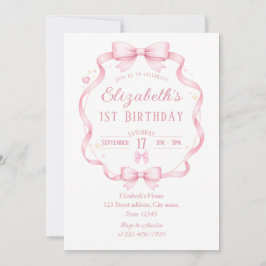 Pink Ribbon Bow Coquette First Birthday Invitation Kaart