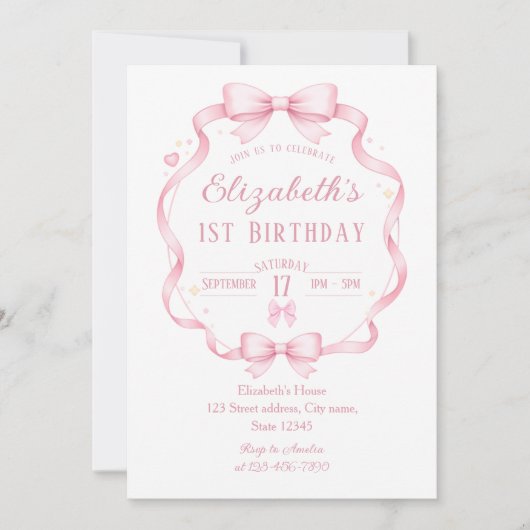 Pink Ribbon Bow Coquette First Birthday Invitation Kaart (Voorkant)