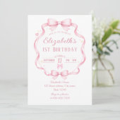 Pink Ribbon Bow Coquette First Birthday Invitation Kaart (Staand voorkant)