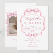 Pink Ribbon Bow Coquette First Birthday Invitation Kaart (Voorkant / Achterkant)