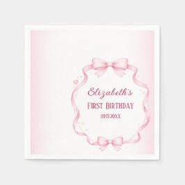 Pink Ribbon Bow First Birthday Square Sticker Servet