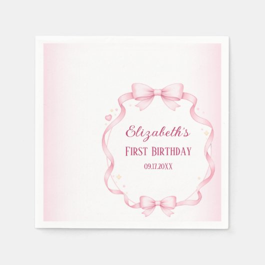 Pink Ribbon Bow First Birthday Square Sticker Servet (Voorkant)
