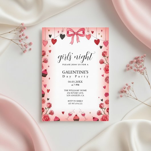 Pink Ribbon Bow Galentine's Invitation Kaart