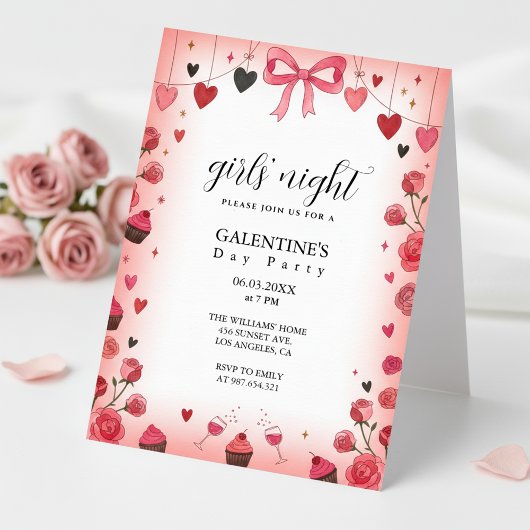 Pink Ribbon Bow Galentine's Invitation Kaart