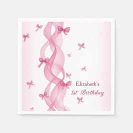 Pink Ribbon Bow Watercolor First Birthday Napkins Servet