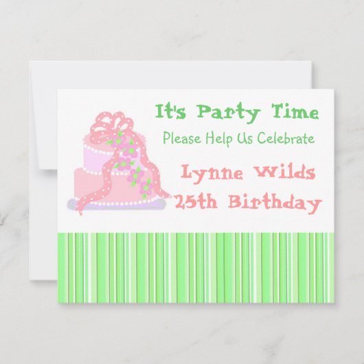 Pink Ribbon Cake Birthday Uitnodiging (Voorkant)