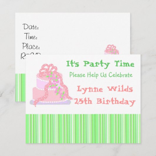 Pink Ribbon Cake Birthday Uitnodiging (Voorkant / Achterkant)