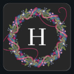 Pink Ribbon Christmas Wreath Vierkante Sticker<br><div class="desc">Met de hand geïllustreerd in vette siertinten; bewerkbare achtergrondkleur en initiaal kleuren/lettertypen.</div>