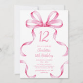 Pink Ribbon Coquette Bow 12th Birthday Invitation Kaart (Voorkant)