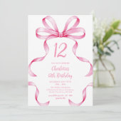 Pink Ribbon Coquette Bow 12th Birthday Invitation Kaart (Staand voorkant)