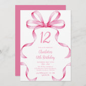 Pink Ribbon Coquette Bow 12th Birthday Invitation Kaart (Voorkant / Achterkant)