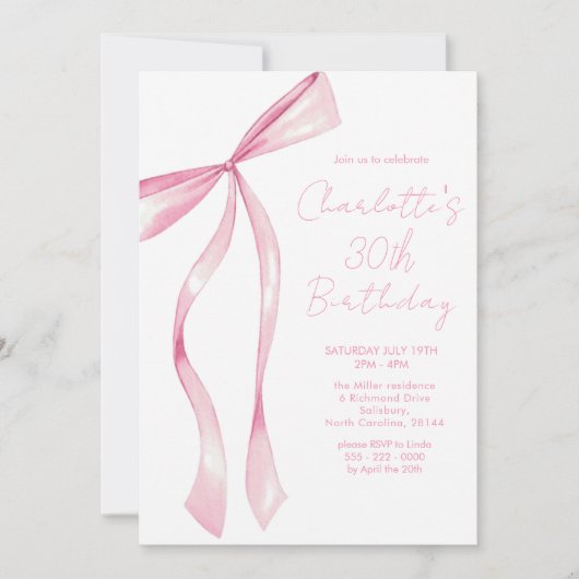 Pink Ribbon Elegant 30th Birthday Invitation Kaart (Voorkant)