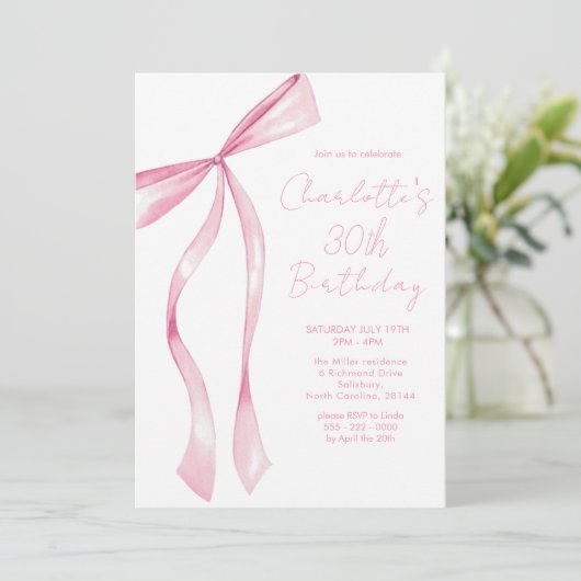 Pink Ribbon Elegant 30th Birthday Invitation Kaart (Staand voorkant)