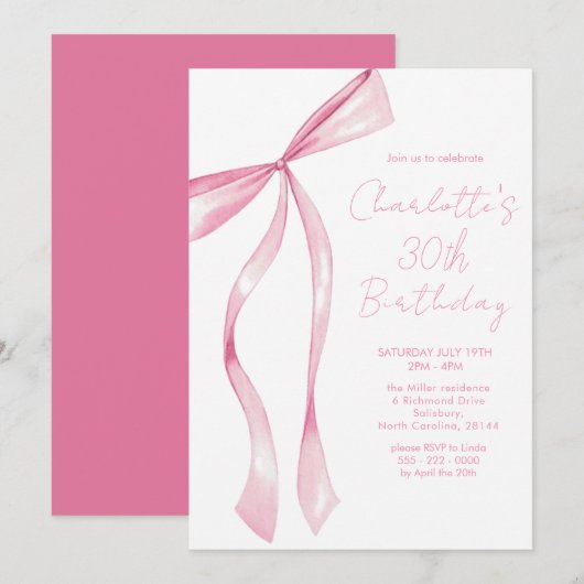 Pink Ribbon Elegant 30th Birthday Invitation Kaart (Voorkant / Achterkant)