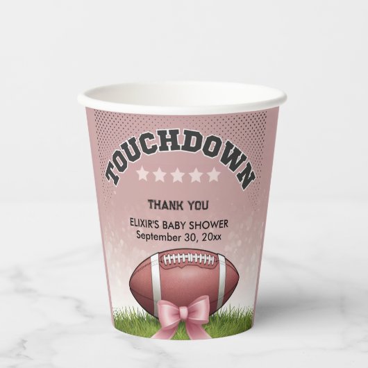 Pink Ribbon Football Touchdown Baby shower Papieren Bekers (Voorkant)