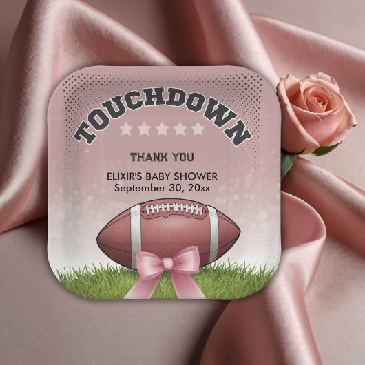 Pink Ribbon Football Touchdown Baby shower Papieren Bordje