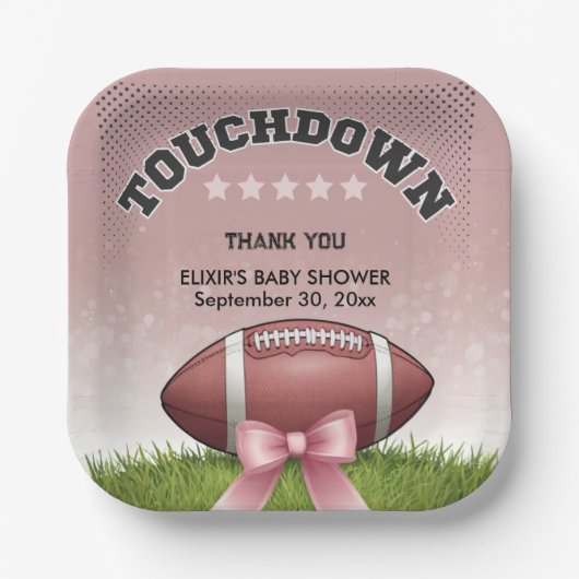 Pink Ribbon Football Touchdown Baby shower Papieren Bordje (Voorkant)