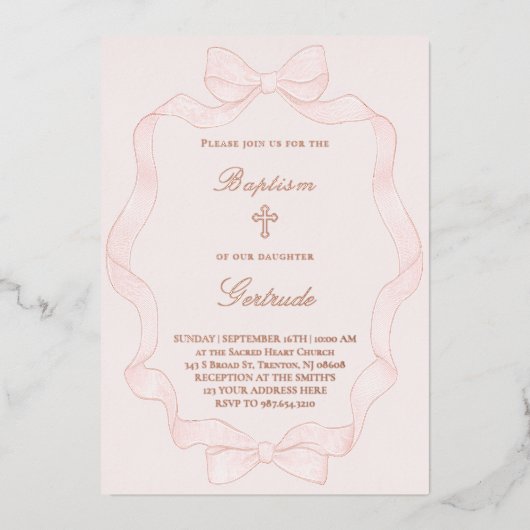 pink ribbon frame Baptism Invitation Folie Uitnodiging (Voorkant)