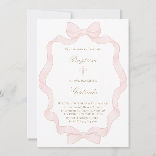  pink ribbon frame Baptism Invitation Kaart (Voorkant)