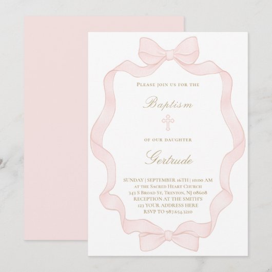  pink ribbon frame Baptism Invitation Kaart (Voorkant / Achterkant)
