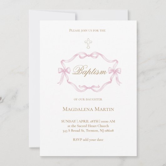 pink ribbon frame | Baptism Invitation Kaart (Voorkant)