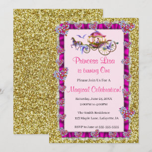 Pink Ribbon Gold Glitter Royal Princess Birthday Kaart